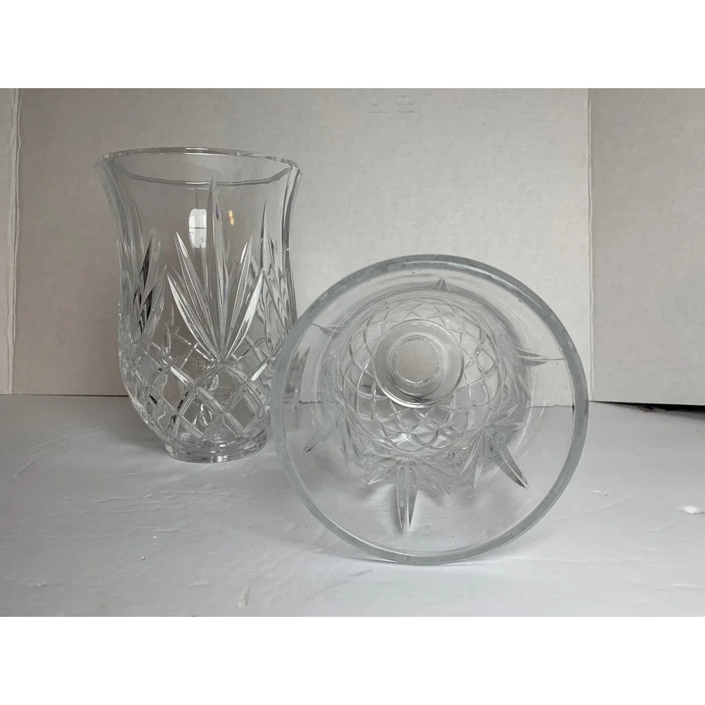 Vintage Clear‎ Cut Glass Hurricane Candle Shades Diamond Leaf Pattern Set of 2